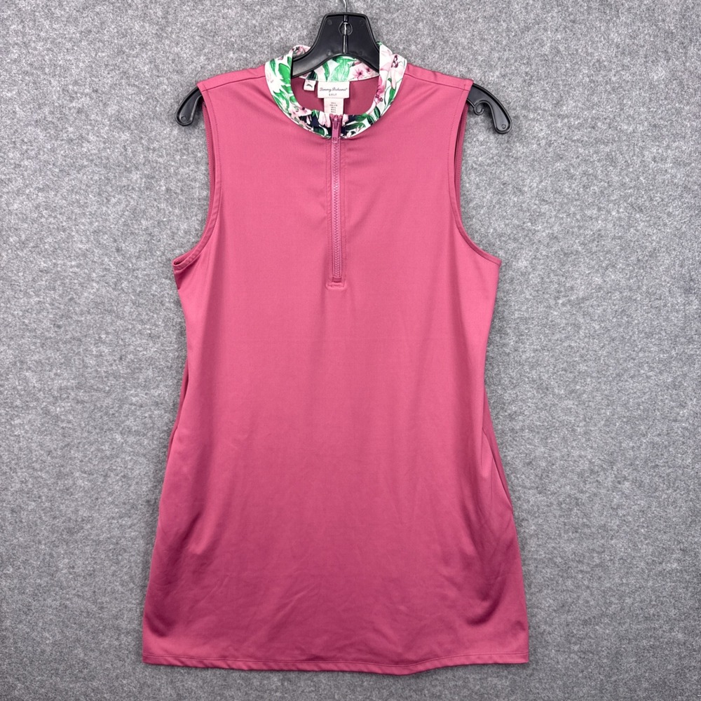 Tommy Bahama Golf Dress Large Pink Sleeveless Floral Collar Quarter Zip Stretch